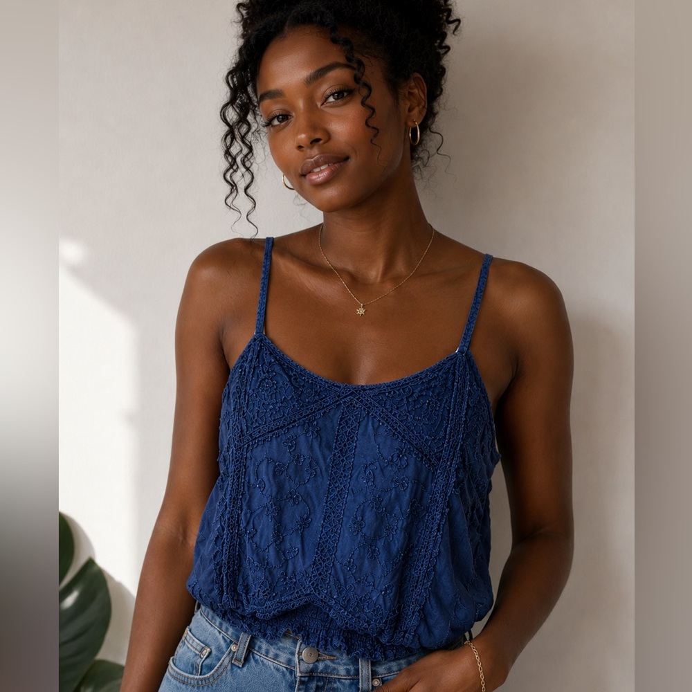 Blue Embroidered Boho Tank Top